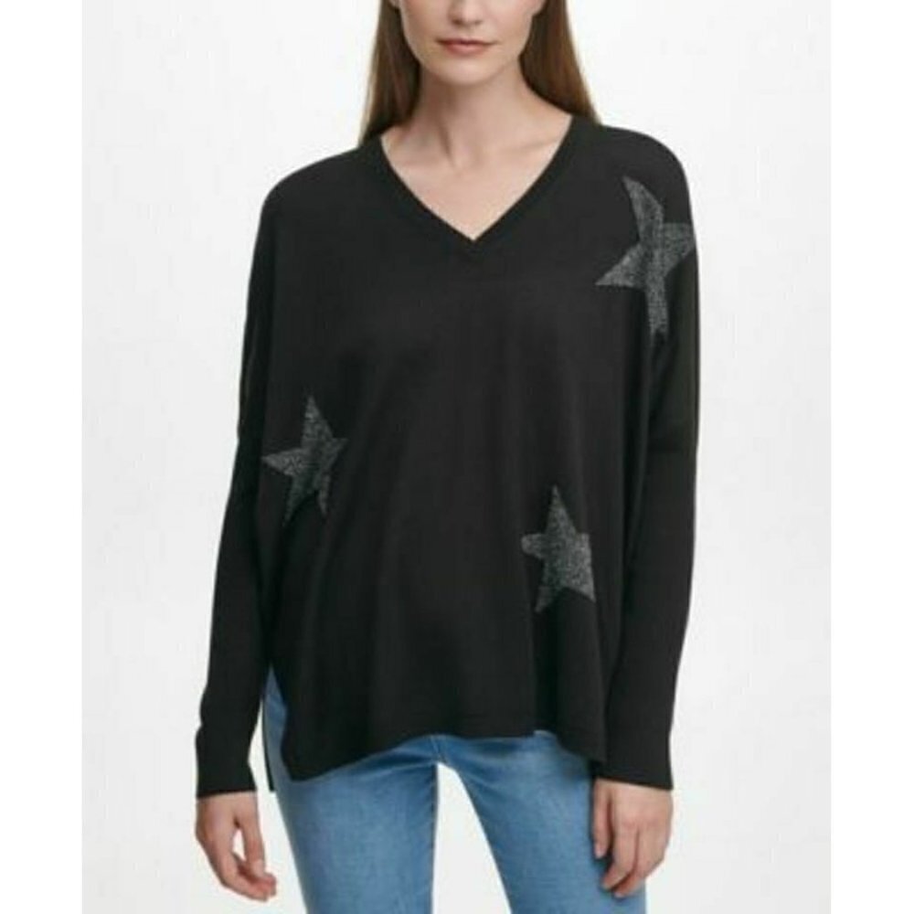 DKNY Women's Sweater Navy. Small. Glitter Star Print V-Neck Pullover